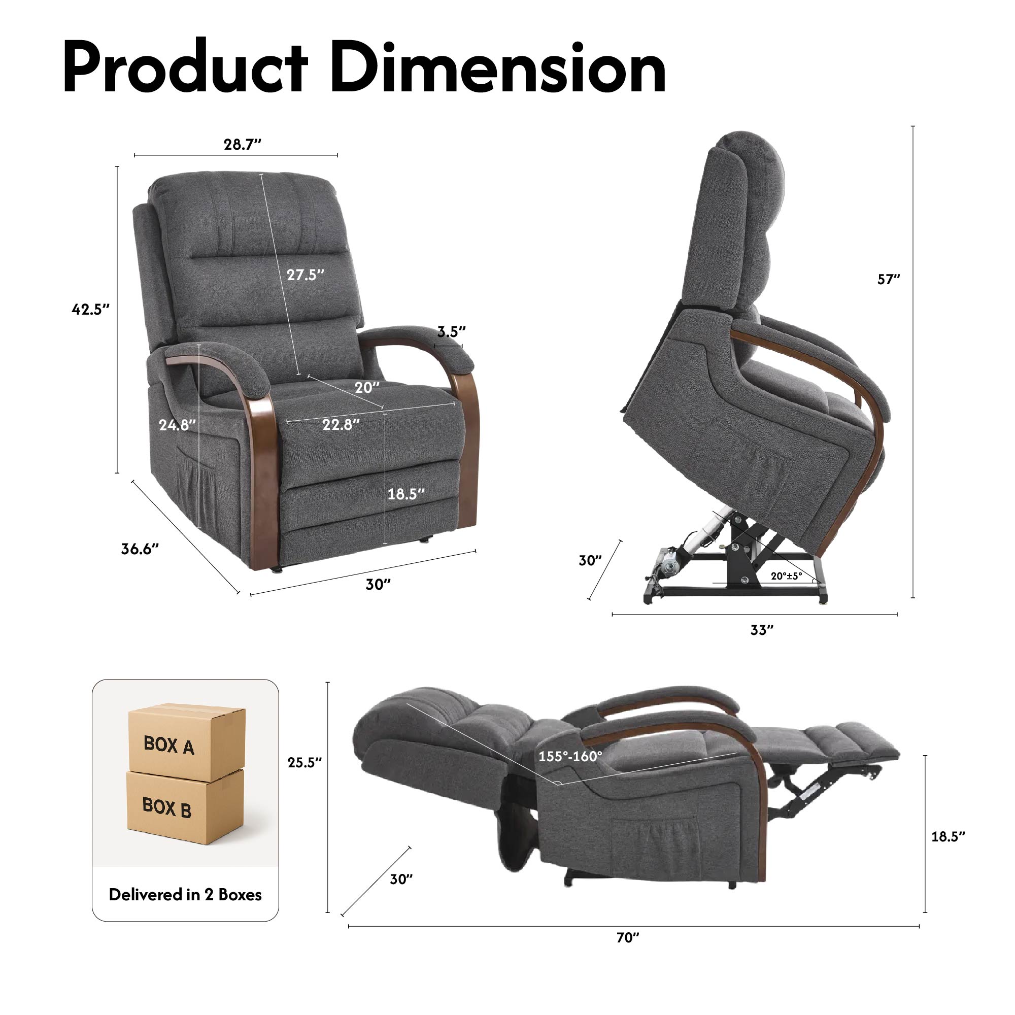 Power Lift Recliner Chair for Elderly, Recliner chair with Massage & Heat, Electric Leather Lift Recliner Chair for Living Room with Side Pocket, Charcoal Gray